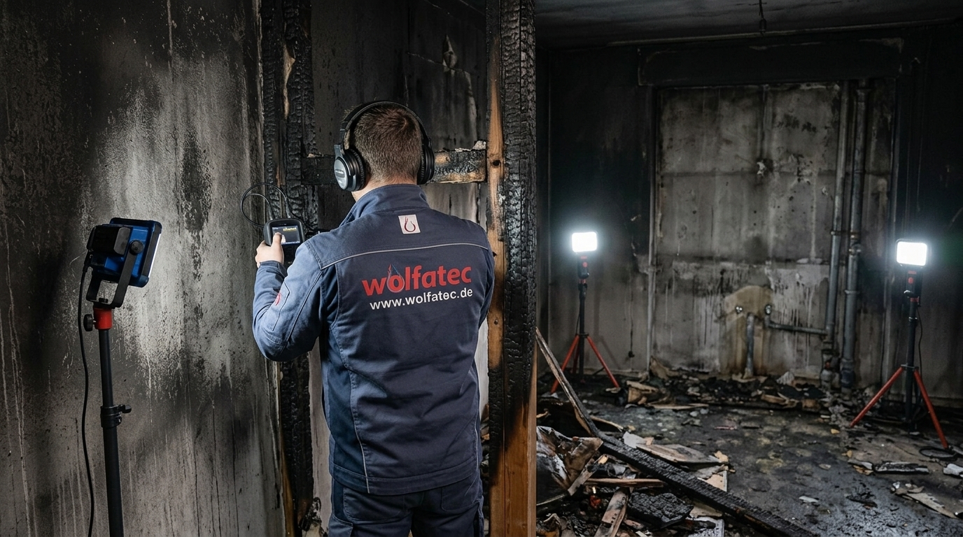 Wolfatec Mitarbeiter bei der Schadenaufnahme nach einem Brandschaden